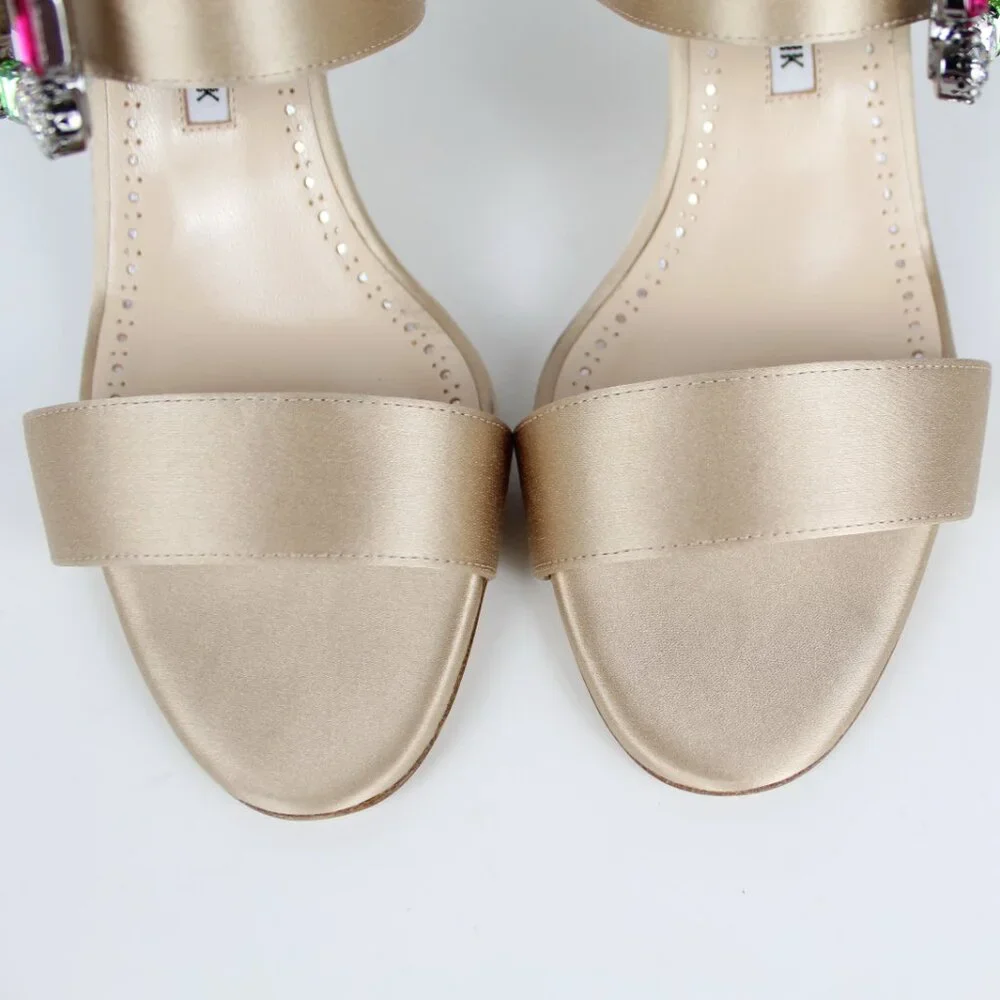 NEW Manolo Blahnik Verda 90 Crystal Buckle Satin Mule Sandals Nude EU 38.5